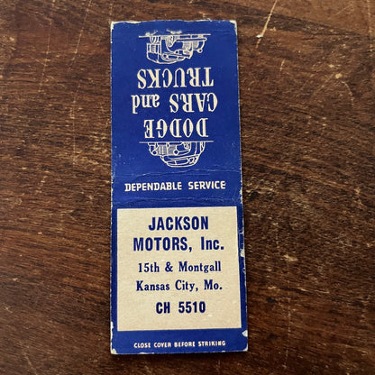 Dodge Cars & Trucks Jackson Motors Kansas City MO Advertising Matchbook SB3-M5