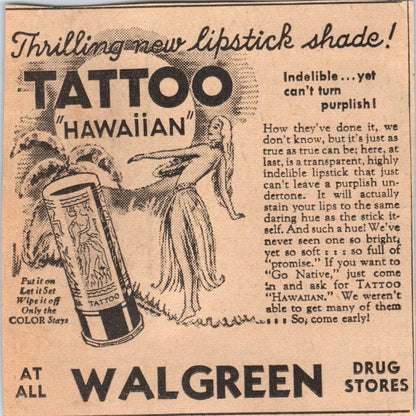 1935 Minneapolis Journal Newspaper Ad Walgreen Tattoo Hawaiian Lipstick FL5-6