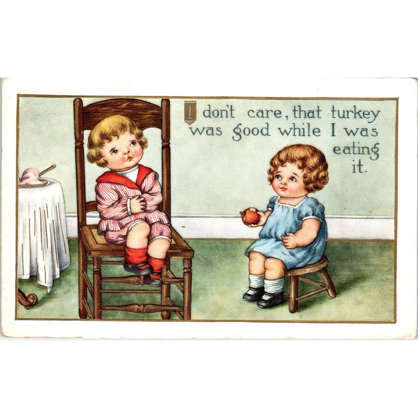 1914 Thanksgiving Postcard Boy With Stomach Ache Eating Too Much Turkey SE4