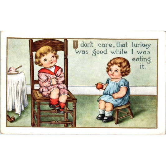 1914 Thanksgiving Postcard Boy With Stomach Ache Eating Too Much Turkey SE4