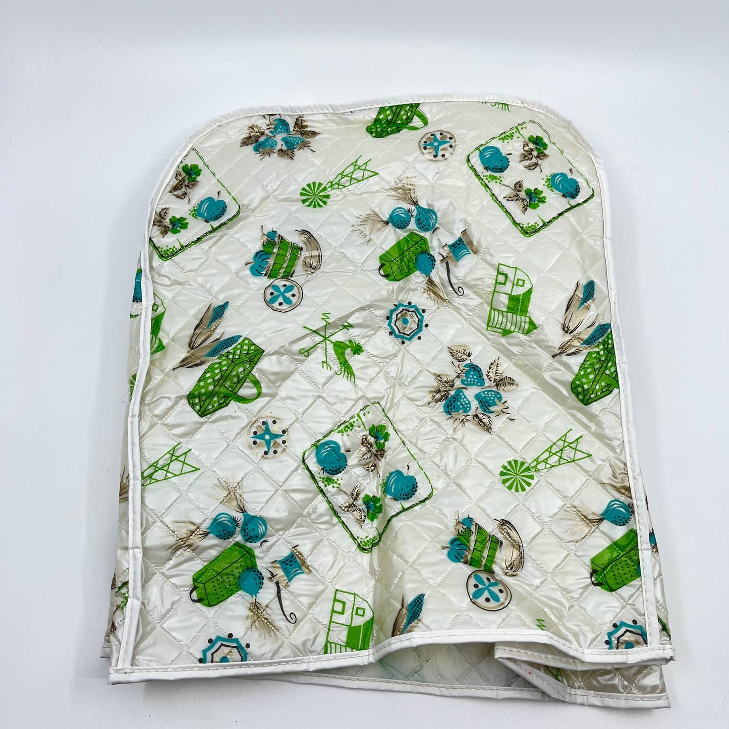 1950s MCM ATOMIC QUILTED PLASTIC APPLIANCE COVER Teal Farm Fruit 12 x 8 x 10 TA3