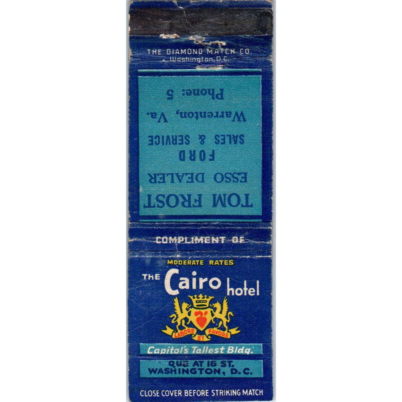 Cairo Hotel Tom Frost Esso Dealer Warrenton VA Advertising Matchbook SA1-M9