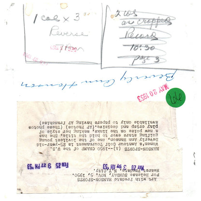 1950 Original Press Photo Women's Amateur Golf Champion Beverly Ann Hanson ~7 1/2" AD1