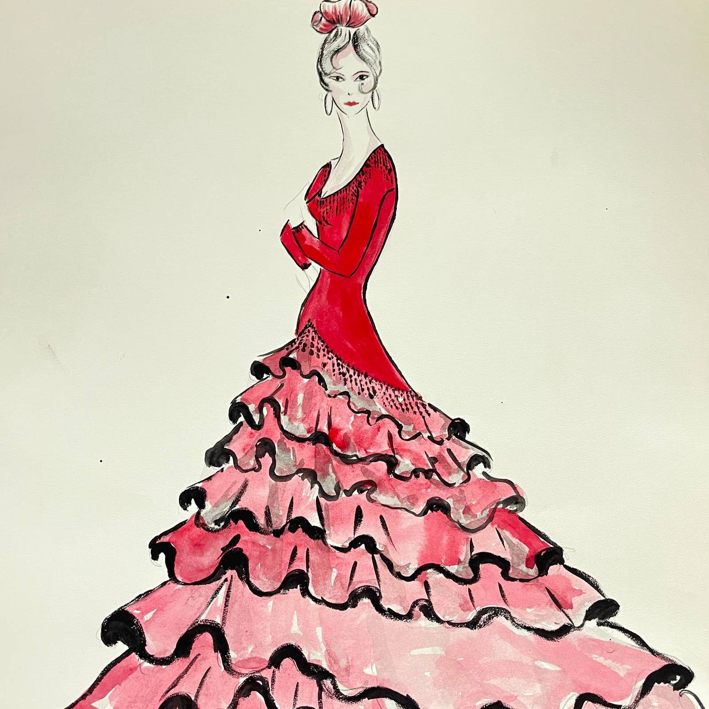 1960s Original LARGE Fashion Flamenco Illustration By Edmund Dantez FL1