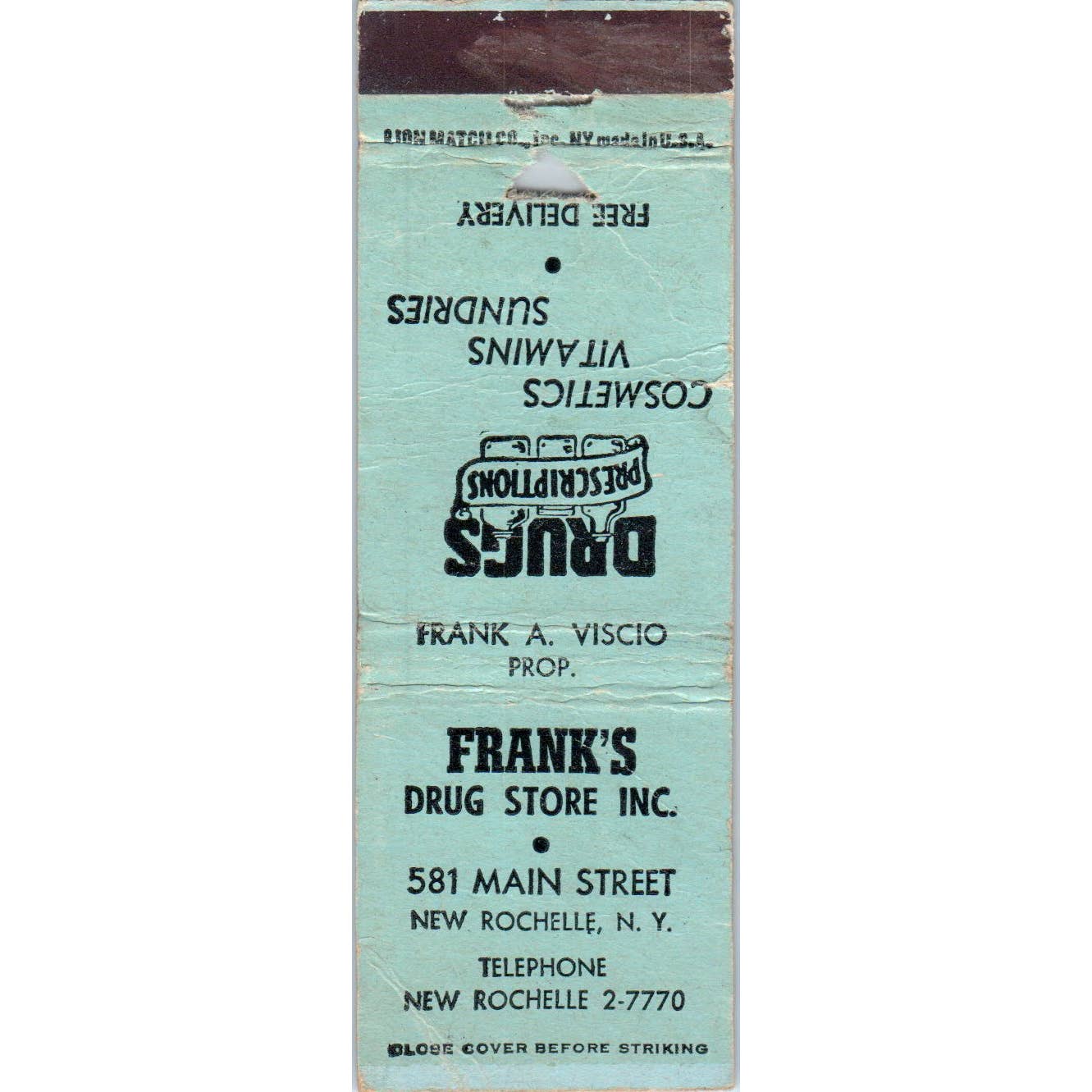 Frank's Drug Store New Rochelle NY Advertising Matchbook Cover SA1-M8