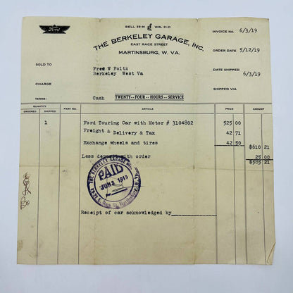 1919 Ford Touring Car Invoice $585 Berkeley Garage Martinsburg West Virginia D1