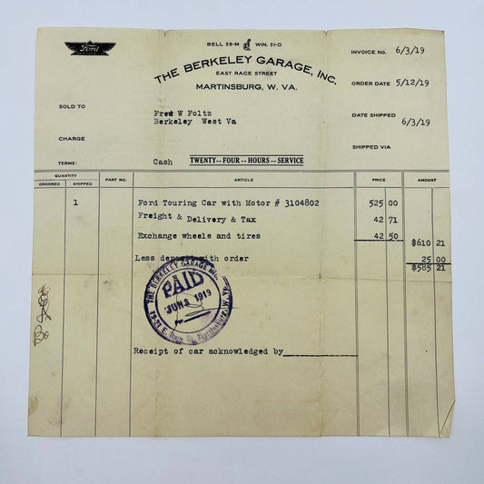 1919 Ford Touring Car Invoice $585 Berkeley Garage Martinsburg West Virginia D1