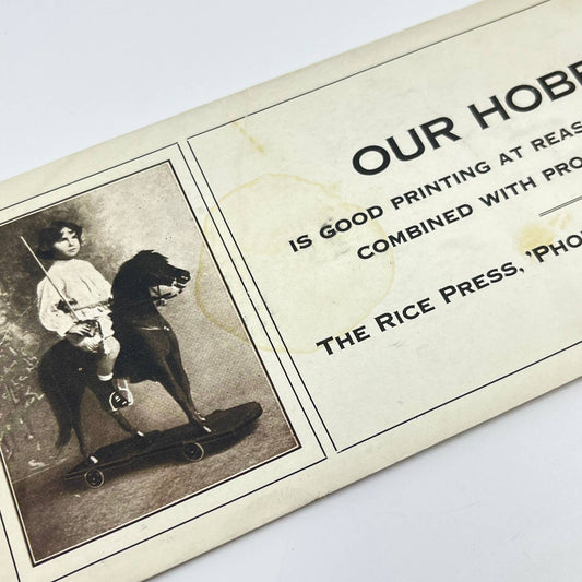 1910s Blotter Card The Rice Press Boy Riding Toy Horse Flint MI SC8