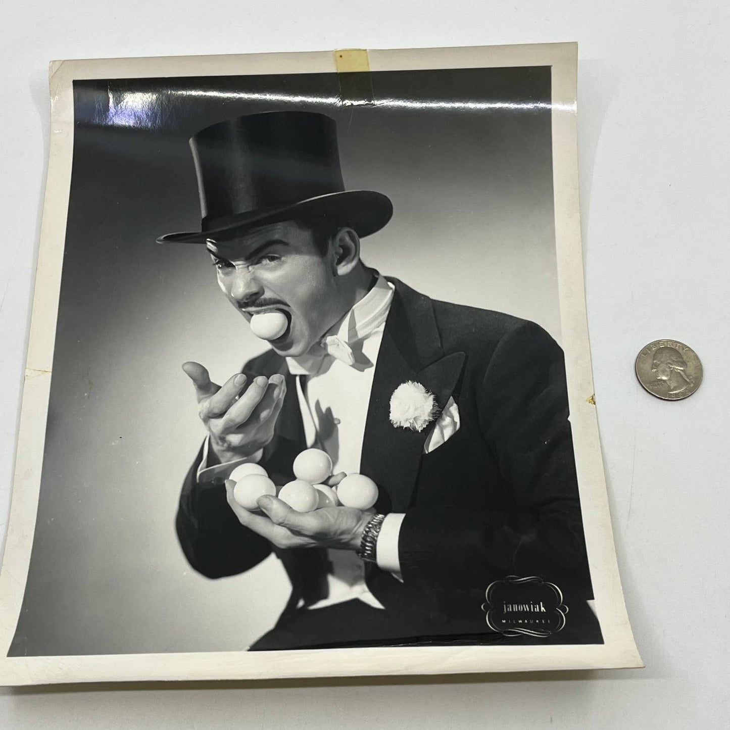 1950s Magician in Tuxedo & Tophat w/ Ping Pong Balls Photograph 8x10" AB7