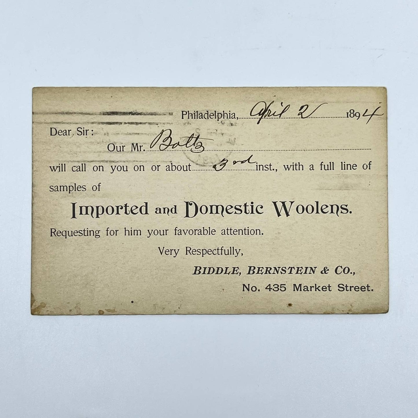 1894 Advertising Post Card Biddle, Bernstein & Co Philadelphia PA Woolens SC6