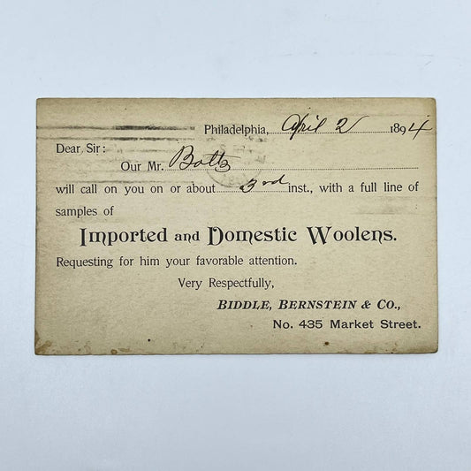 1894 Advertising Post Card Biddle, Bernstein & Co Philadelphia PA Woolens SC6