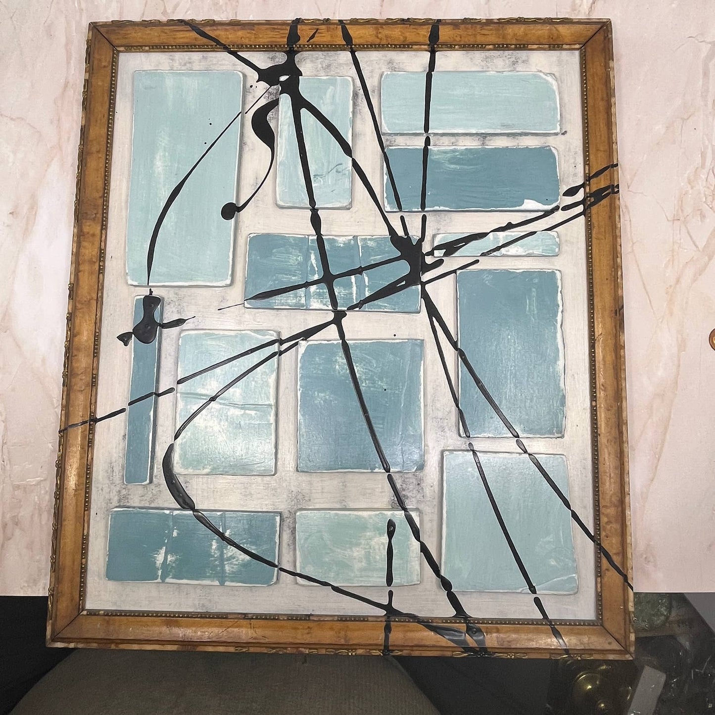 Original Framed Mixed Media Abstract Art Painting 15x17 “Blue Complex” With COA