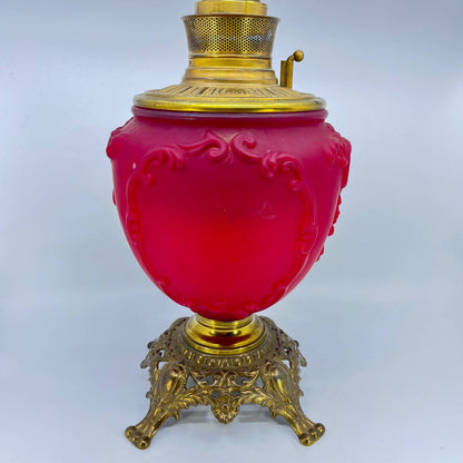 Antique B & H Red Satin Glass and Brass Gone With the Wind Lamp Base LB4
