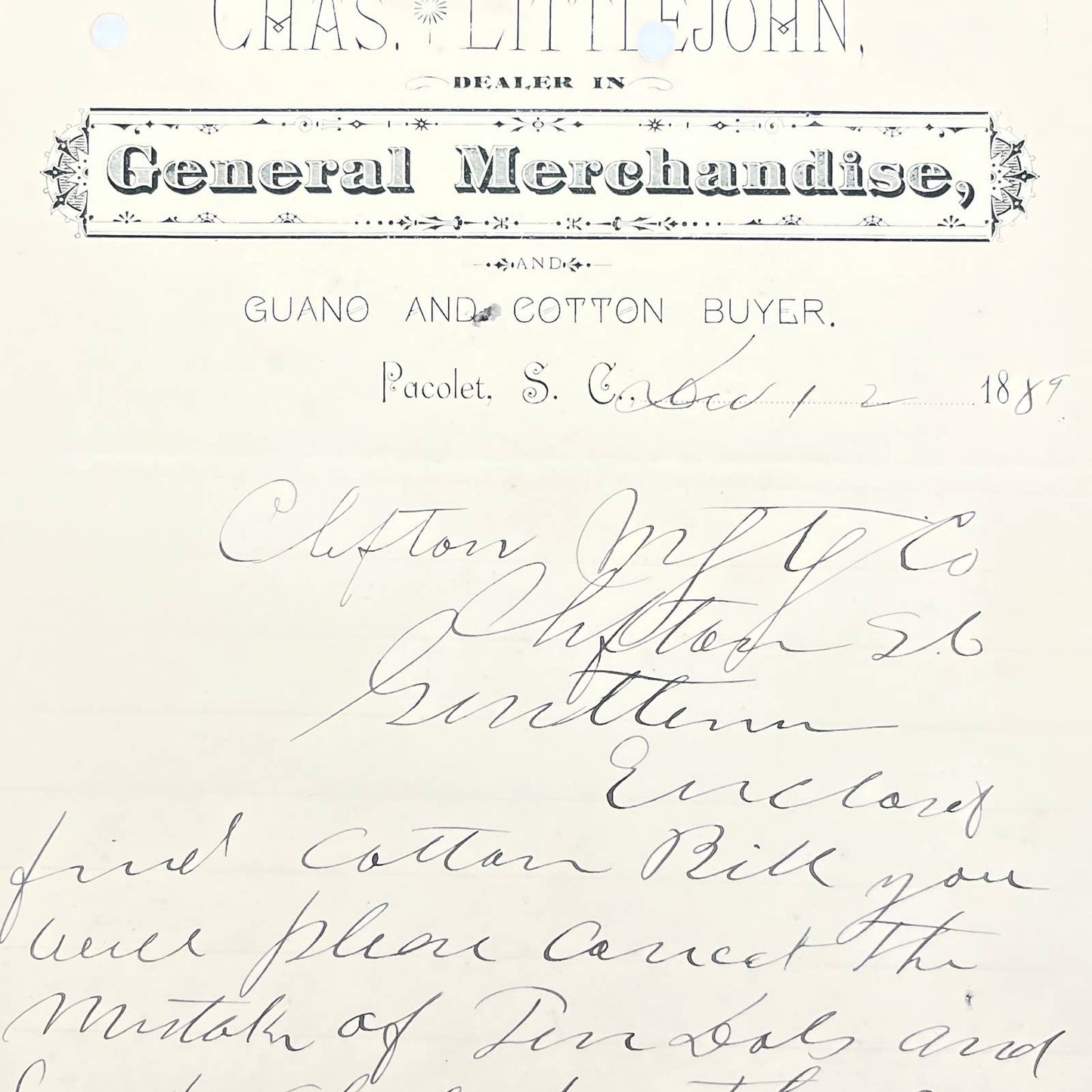 1889 Chas. Littlejohn Letterhead Guano and Cotton Buyer Pacolet SC AB9