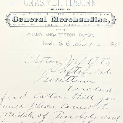 1889 Chas. Littlejohn Letterhead Guano and Cotton Buyer Pacolet SC AB9