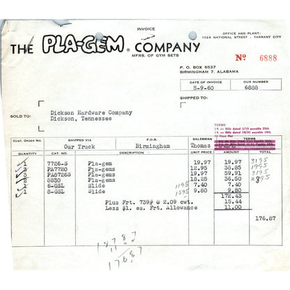 1960 The Pla-Gem Company Billhead Receipt Gym Sets Birmingham AL AD5-2