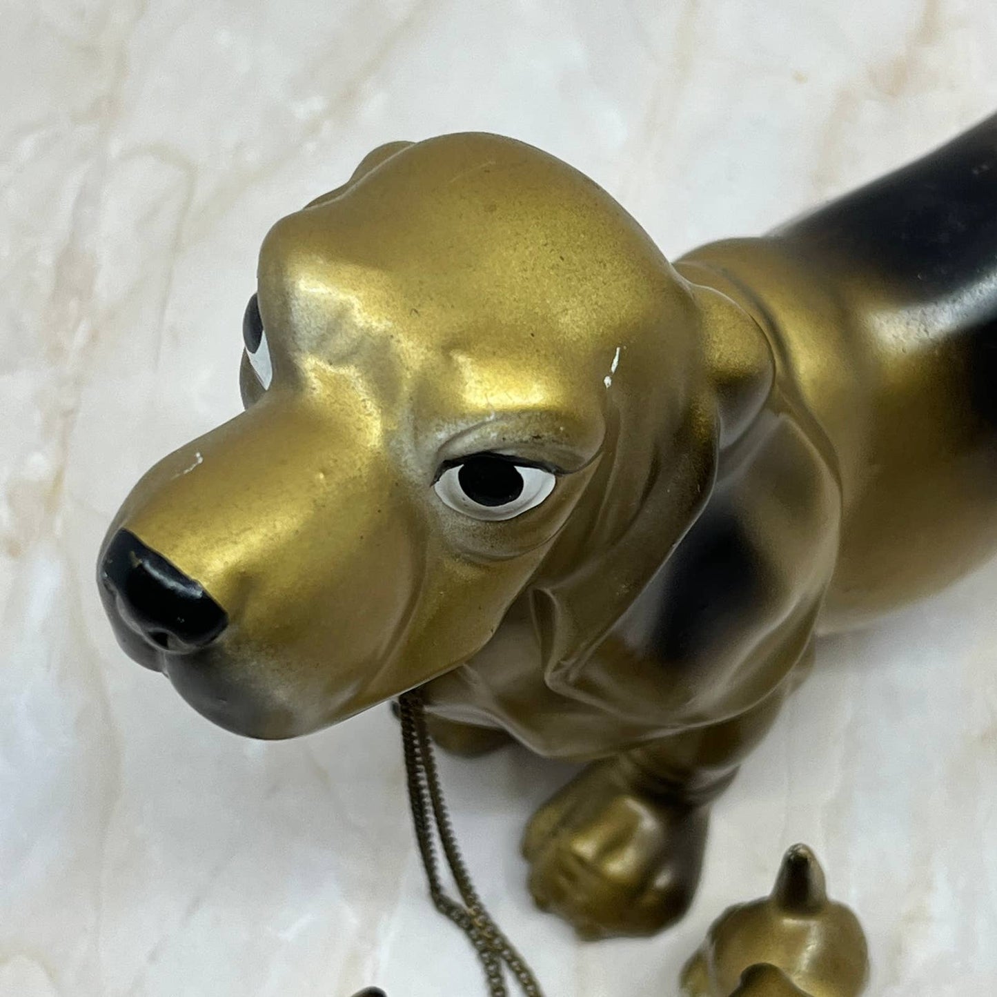 Gold Tone Dachshund Bassett Hound Dog Figurine Puppies Chain Porcelain Japan TK2