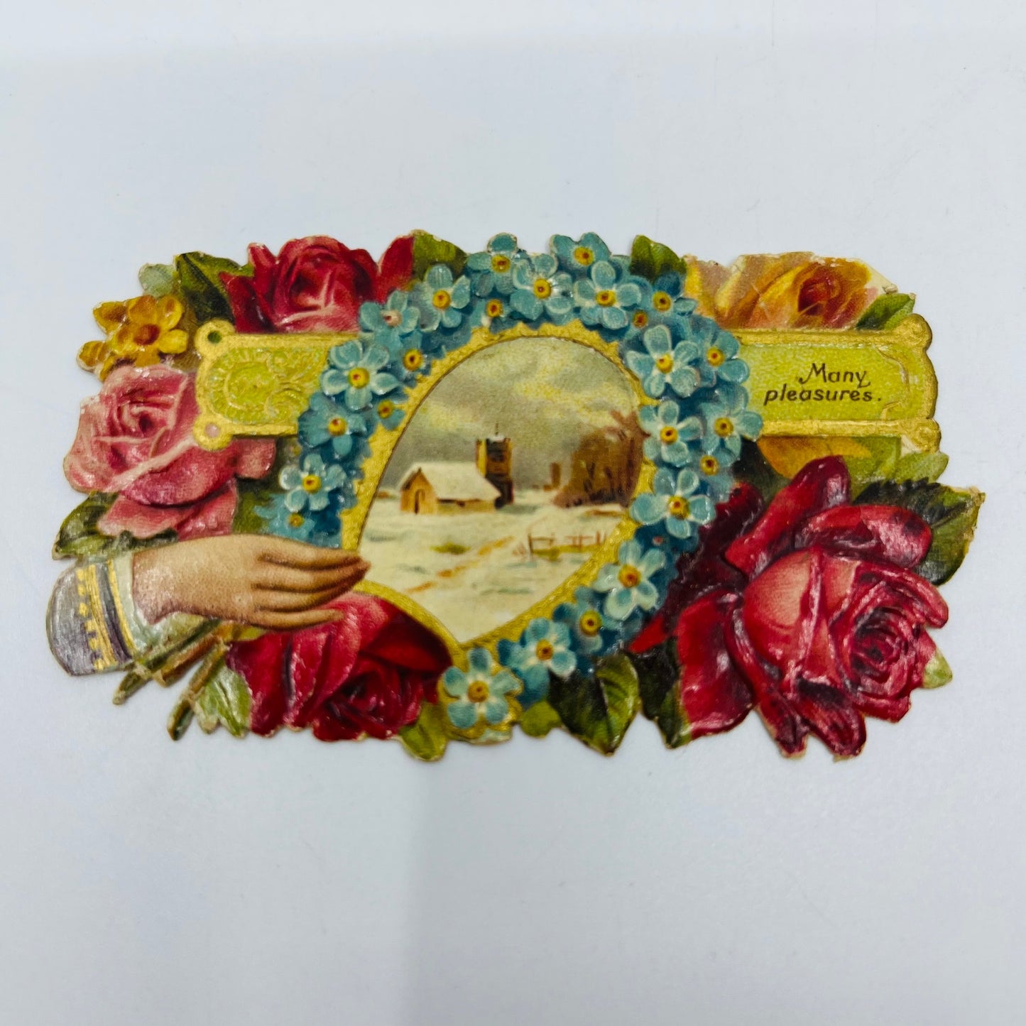 1880's VICTORIAN CALLING CARD Die Cut Flowers Roses Farmhouse Scene AH9-M11