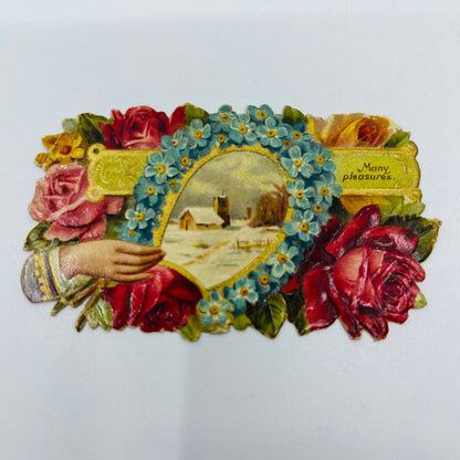 1880's VICTORIAN CALLING CARD Die Cut Flowers Roses Farmhouse Scene AH9-M11