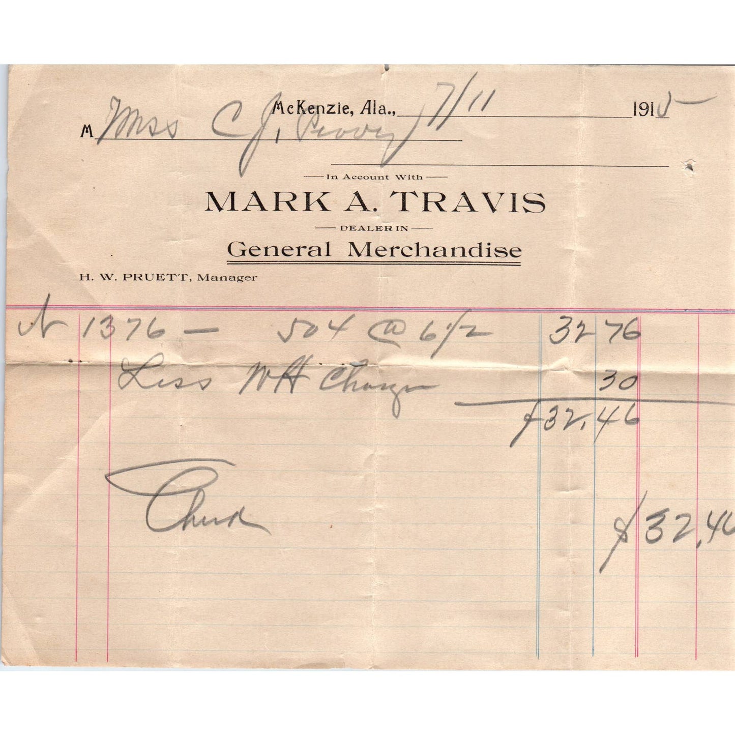 1915 Billhead Mark A. Travis General Merchandise McKenzie AL AD6