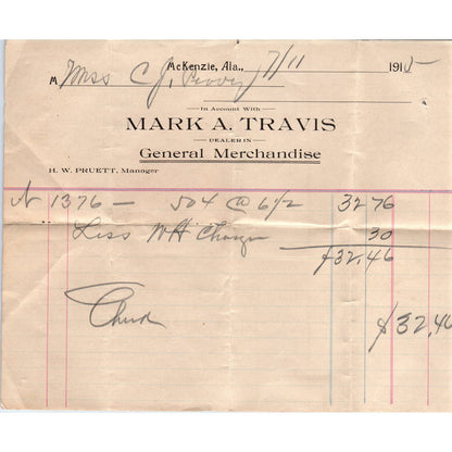 1915 Billhead Mark A. Travis General Merchandise McKenzie AL AD6