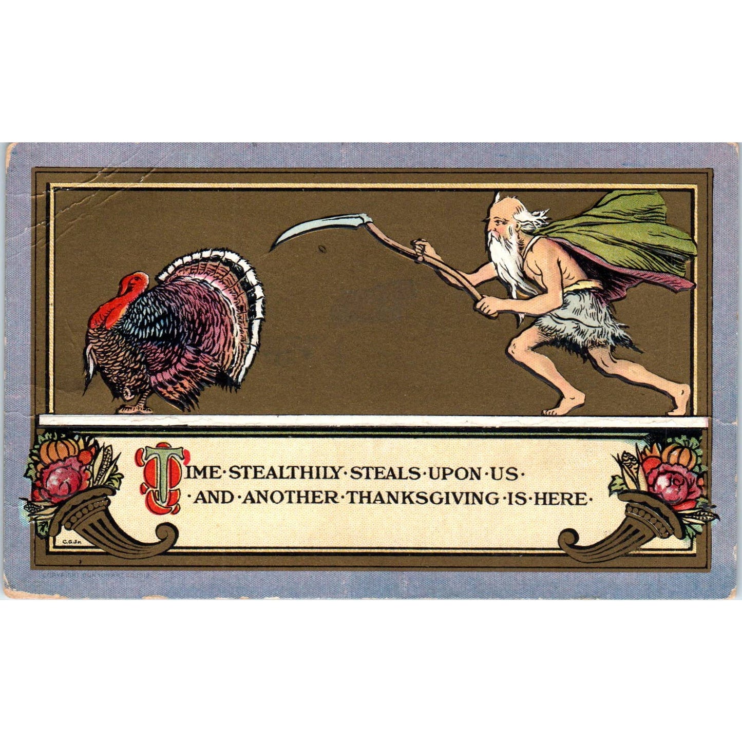 Thanksgiving Father Time Chasing a Turkey c1910 Original Postcard TK1-22