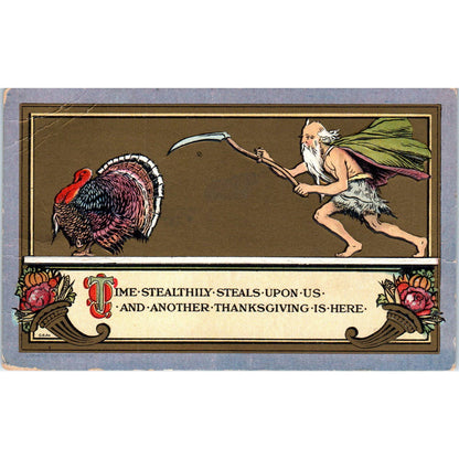 Thanksgiving Father Time Chasing a Turkey c1910 Original Postcard TK1-22