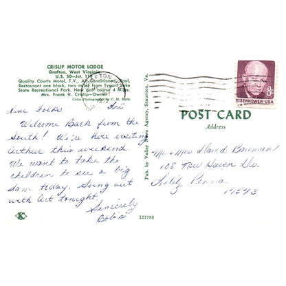 Vintage Postcard - Crislip Motor Lodge Grafton West Virginia AD9