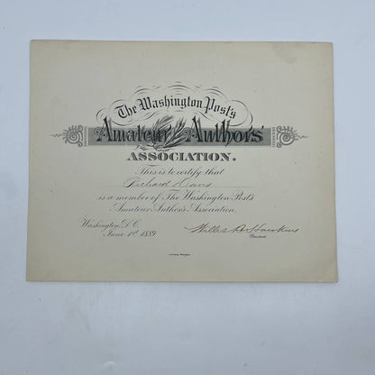 1889 Washington Post Amateur Authors’ Association Certificate Richard Davis AA6