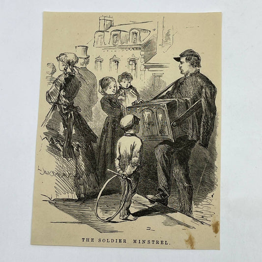 1880s Original Print Engraving The Soldier Minstrel Victorian NY ~4.5x6.5" AC9