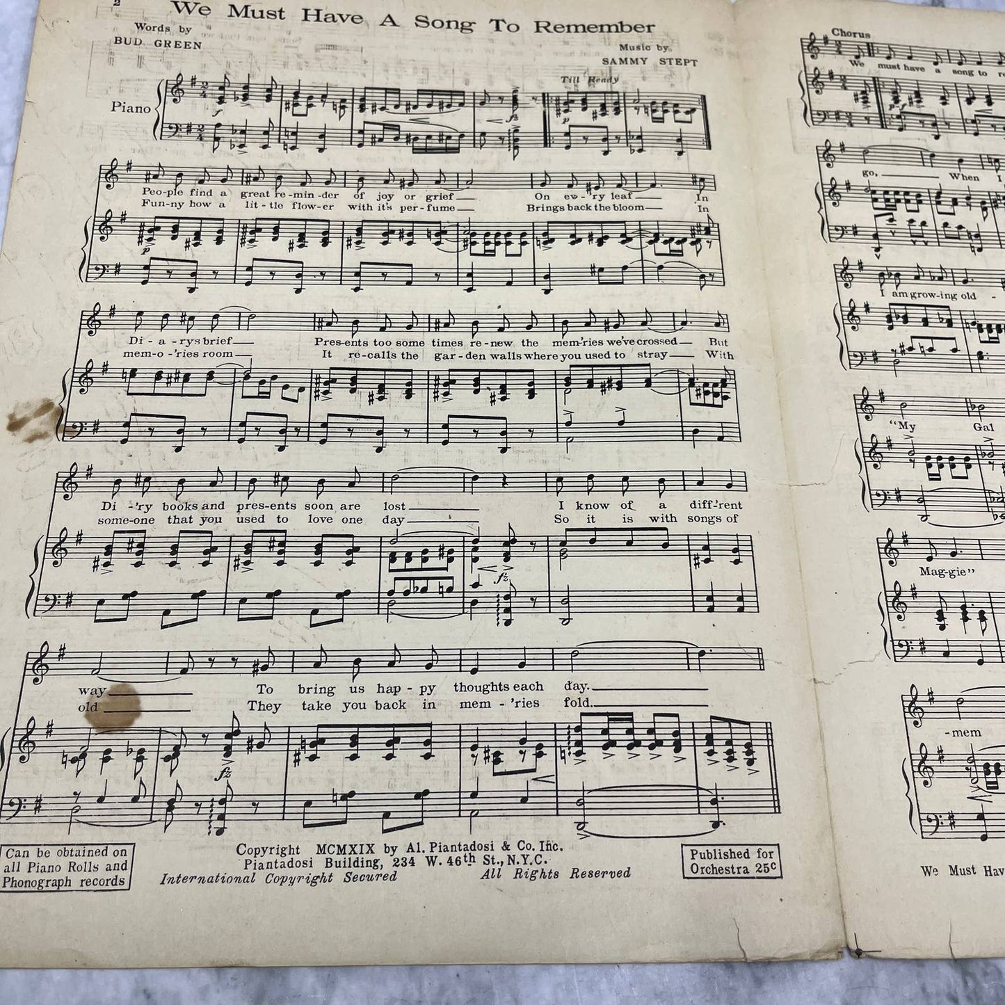We Must Have a Song To Remember Bud Green Sammy Sept 1919 Sheet Music TK2-SM3