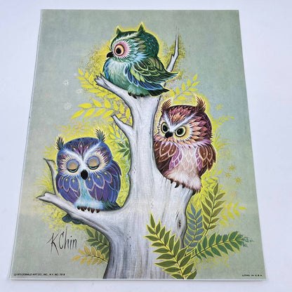 1973 Kitschy Donald Art Co. 3 Owls in a Tree Lithograph K Chin 9 x 12” FL3