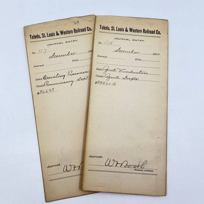 1900 Toledo, St. Louis & Western Railroad Company Journal Entry Lot of 2 AB2-7