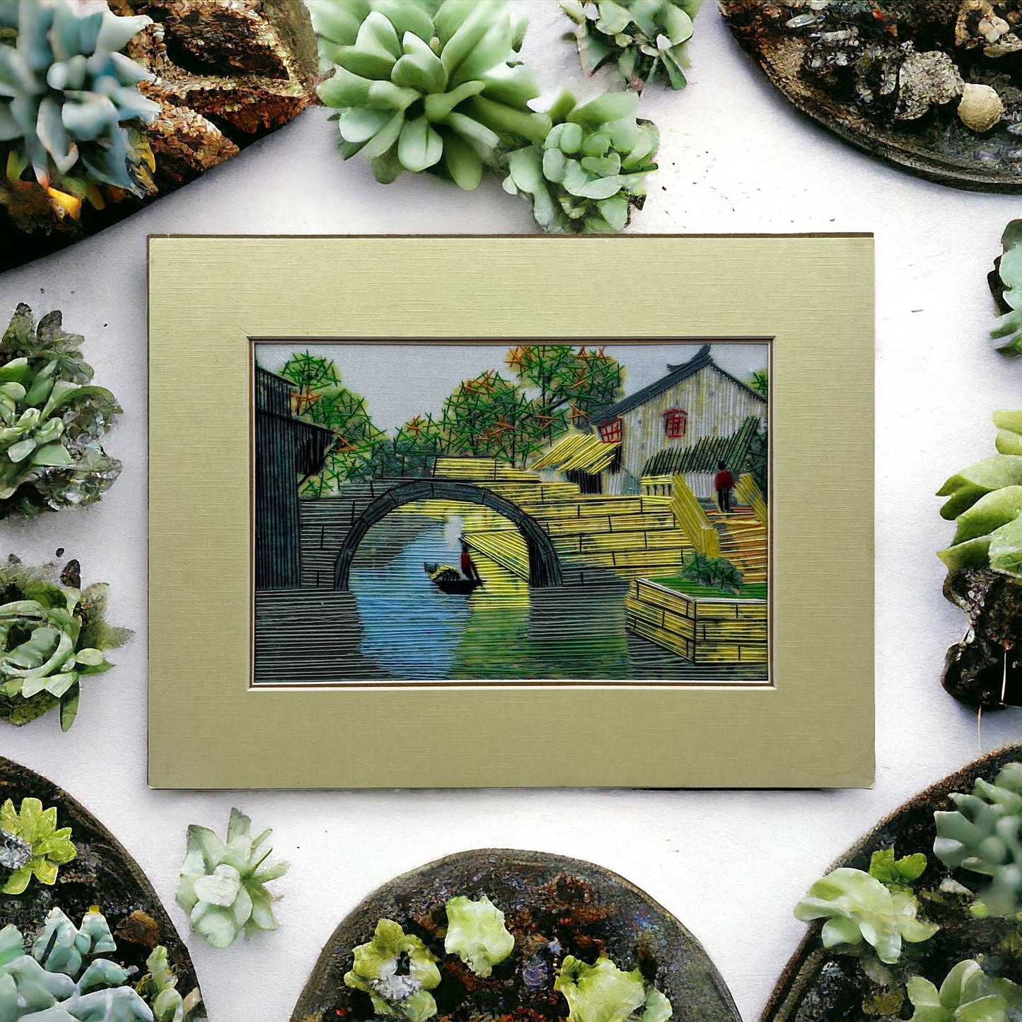 Vintage Unsigned Chinese String Wall Art Town Stone Bridge Water Canoe 7x9.5 TC9