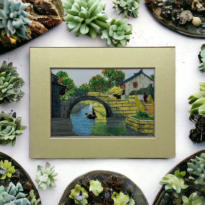 Vintage Unsigned Chinese String Wall Art Town Stone Bridge Water Canoe 7x9.5 TC9