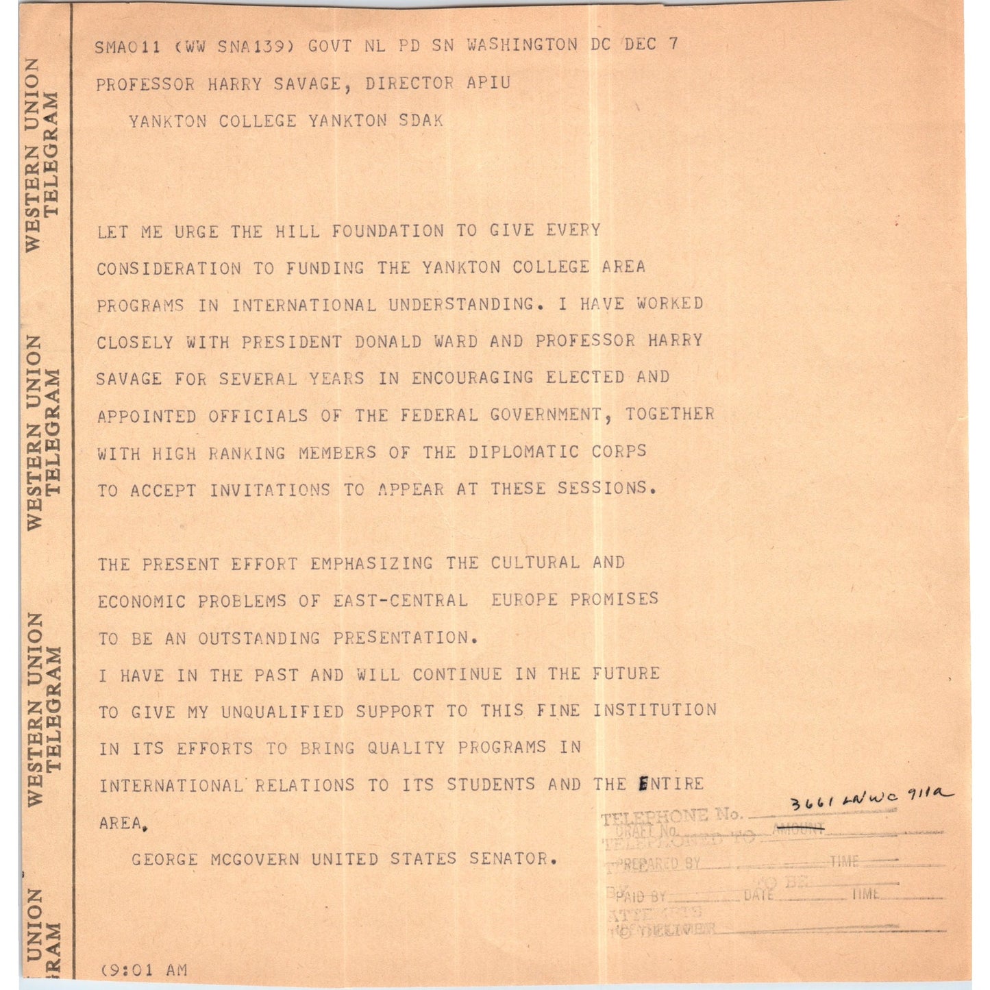 Original Western Union Telegram to Senator George McGovern 1960s B12