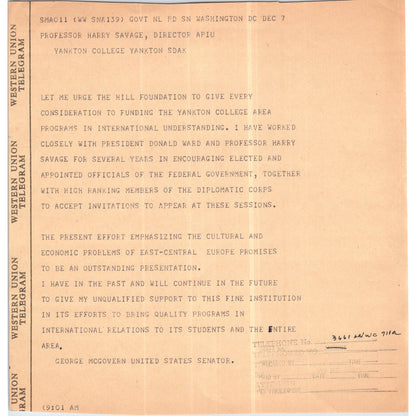 Original Western Union Telegram to Senator George McGovern 1960s B12
