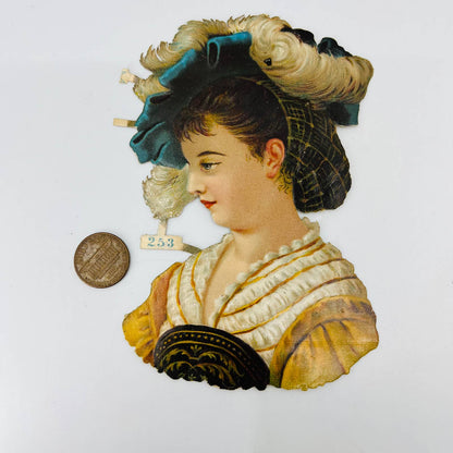 1880s Victorian Die Cut Scrap Fancy Lady With Feather Hat 5.25 x 3.5 253 AA2