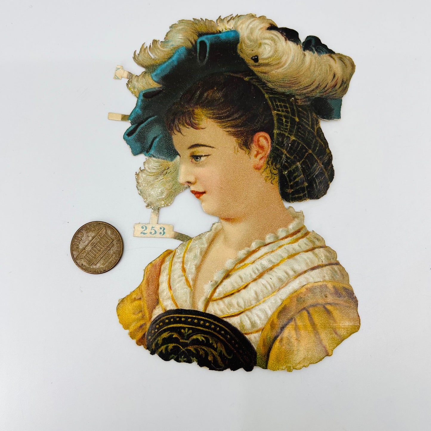 1880s Victorian Die Cut Scrap Fancy Lady With Feather Hat 5.25 x 3.5 253 SAH9-H7
