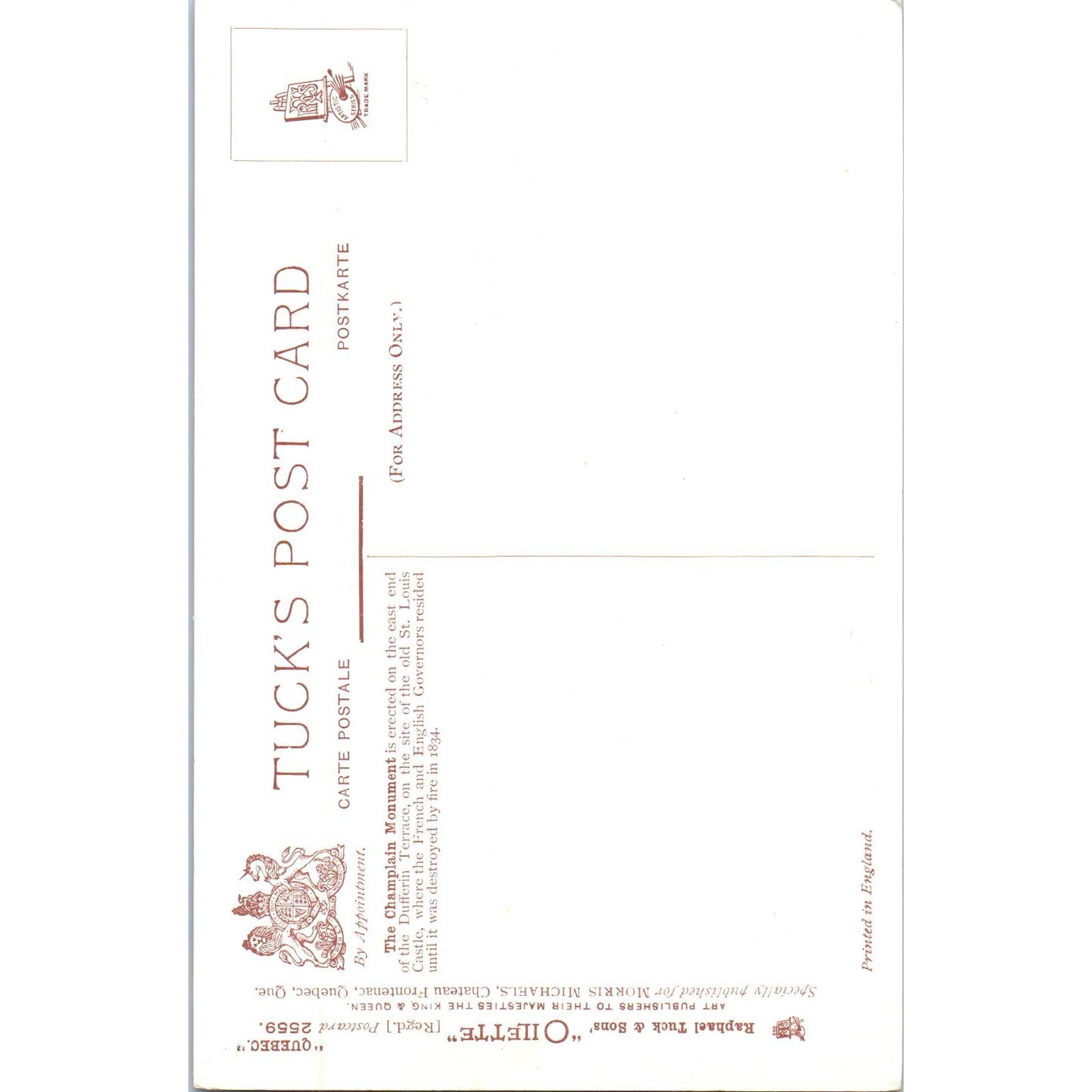 Quebec - The Champlain Monument Raphael Tuck Oilette Original Postcard TK1-P17