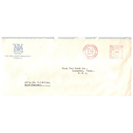 1949 Postal Cover - Ontario - The Parliament Buildings Toronto AD8