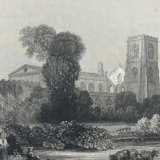 1842 Original Art Engraving Llandaff Cathedral - North East View AC6