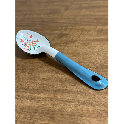 Vintage Enamel Spoon Blue and White Hand Painted Flowers 6” SD5