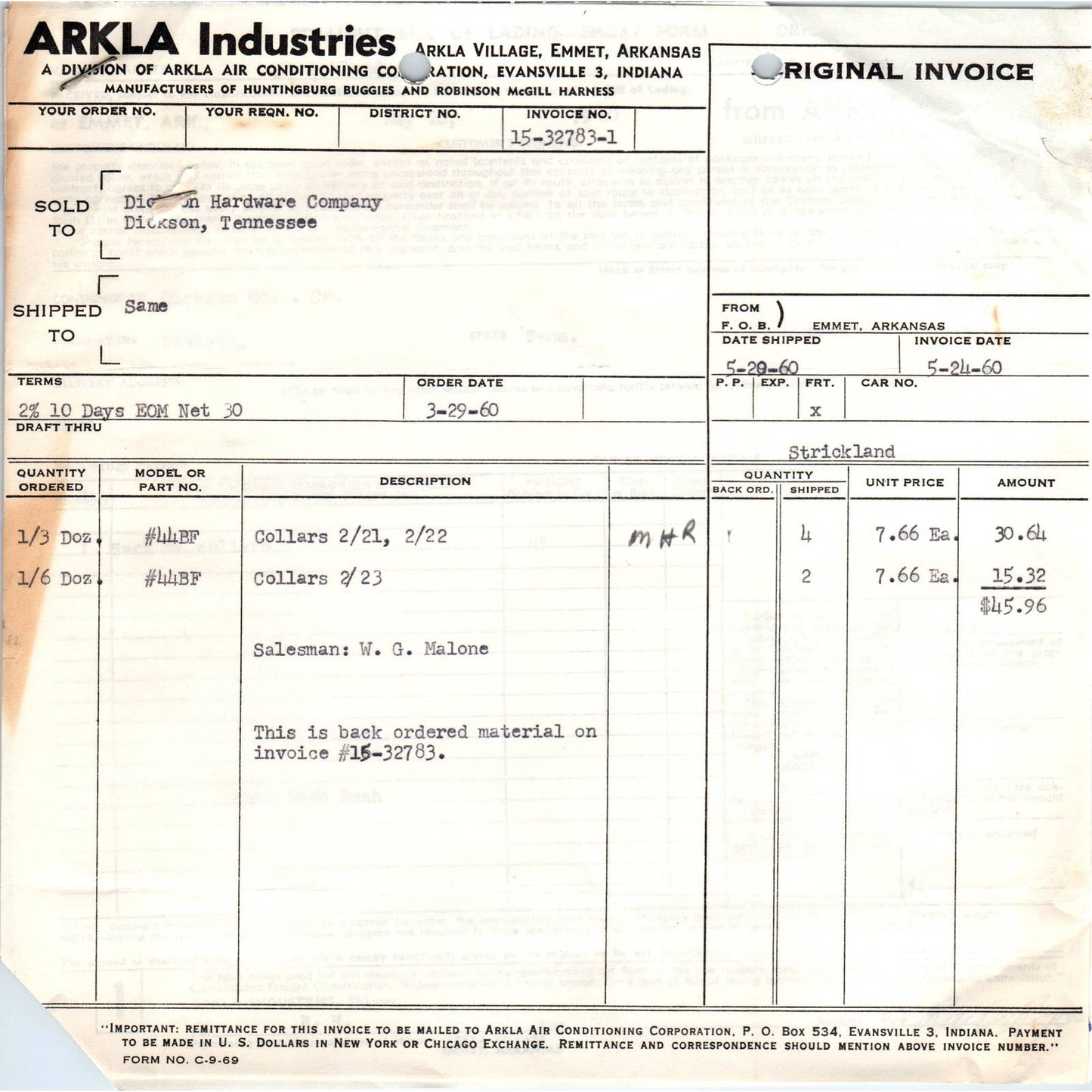 1960 Arkla Industries Air Conditioning Co Billhead Emmet AR AD5