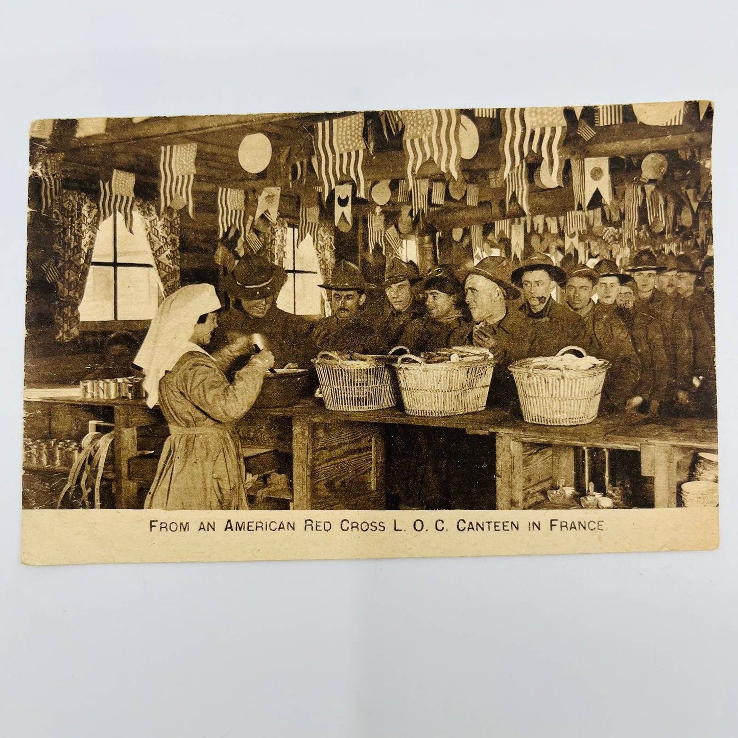 c1918 Postcard WWI Soldiers at American Red Cross L.O.C. Canteen in France PA9