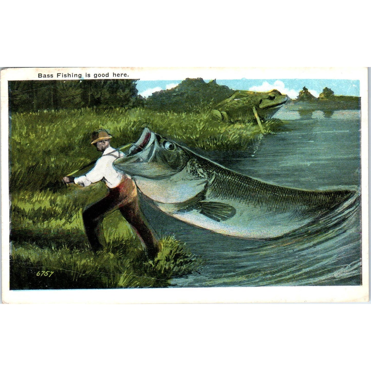 Giant Bass Fishing Humor Original Postcard TK1-24