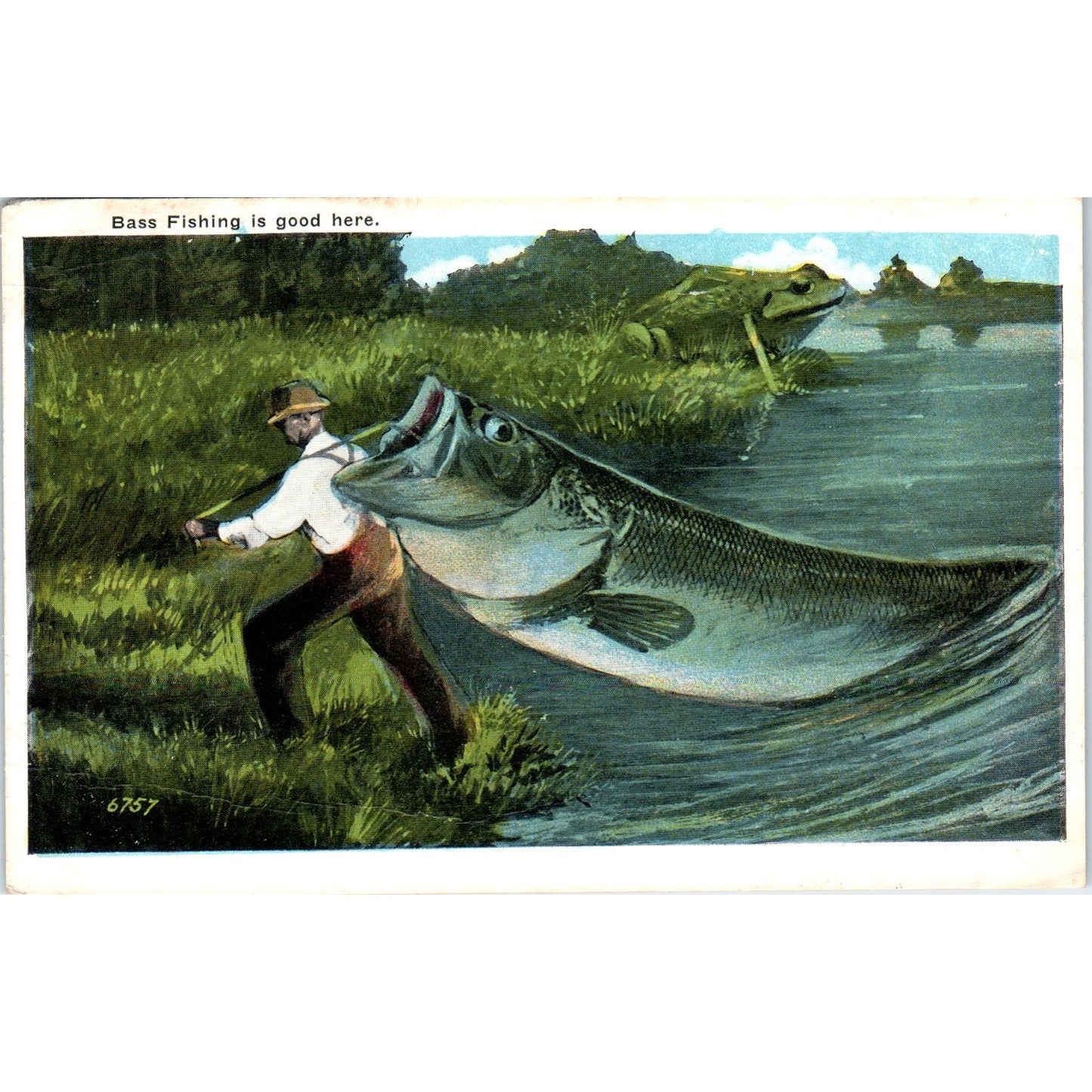 Giant Bass Fishing Humor Original Postcard P1-13