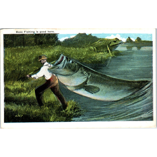 Giant Bass Fishing Humor Original Postcard P1-13