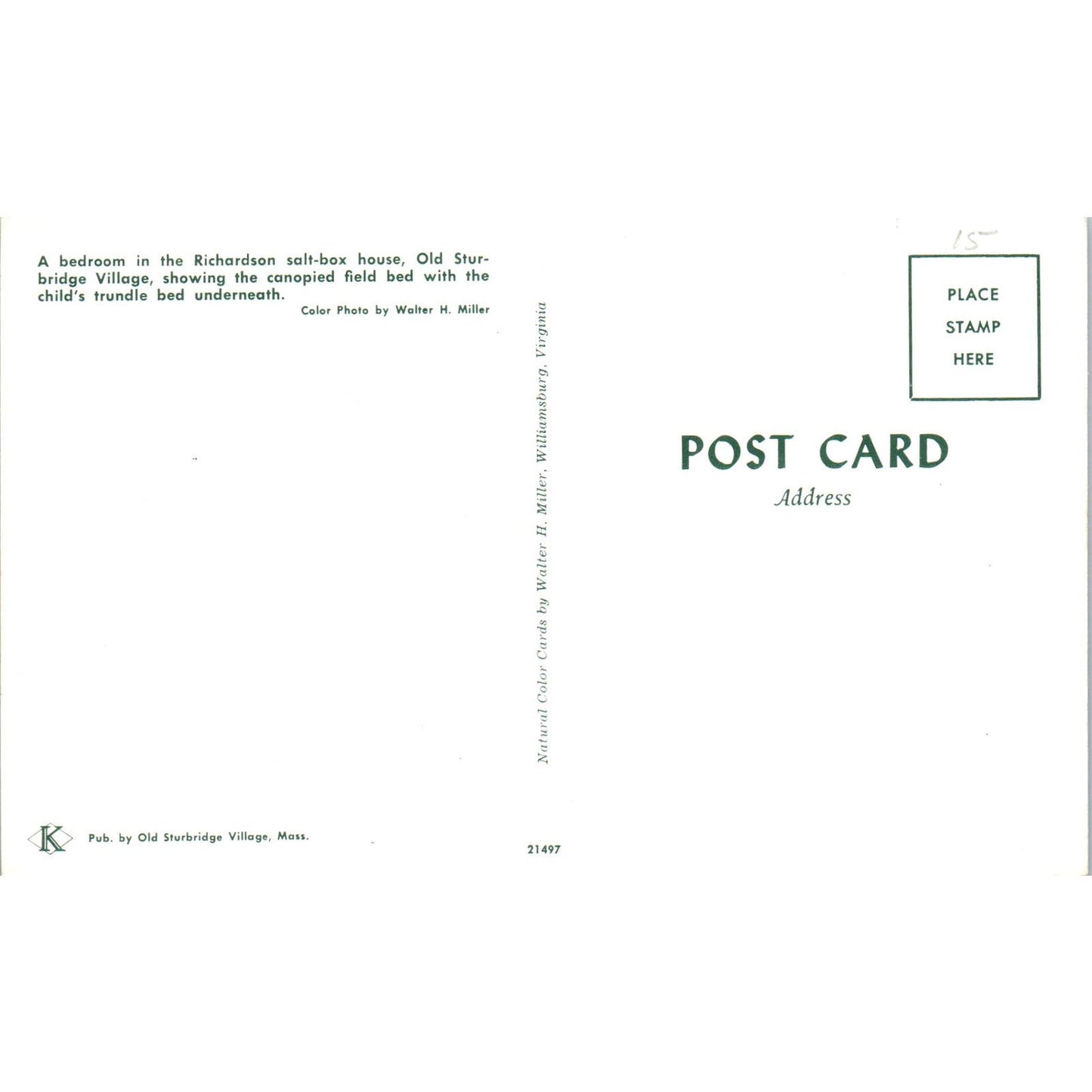 Bedroom in Richardson Salt-Box House Old Sturbridge Village Postcard PB6