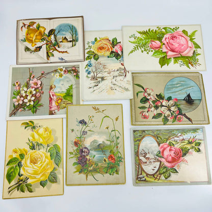 1880s Victorian Embossed Card Scrap Set of 8 Flowers Roses 6” EA2